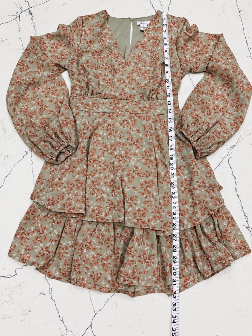 Japna Boho Sage Green Floral Ruffle Mini Dress Long Sleeve Tie Waist Size Small - Picture 8 of 8
